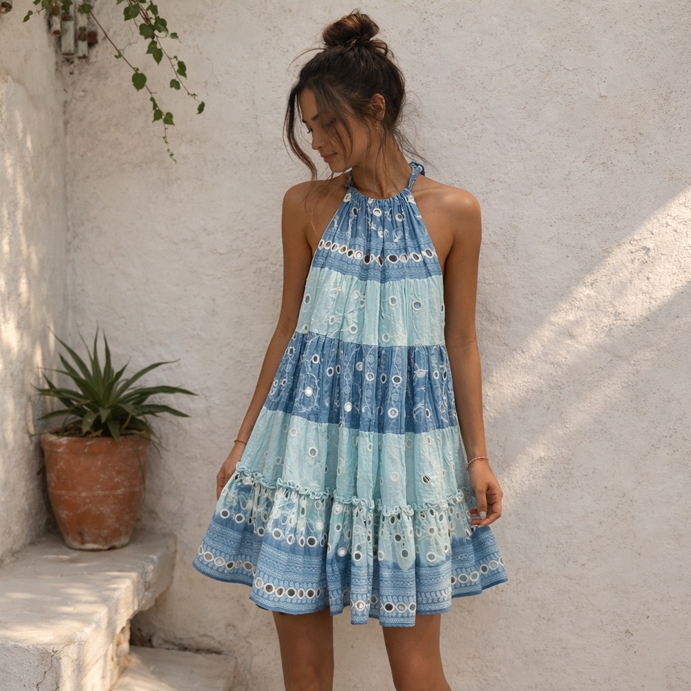 Juliet Dunn Tiered Halter Mini Dress with Sequins